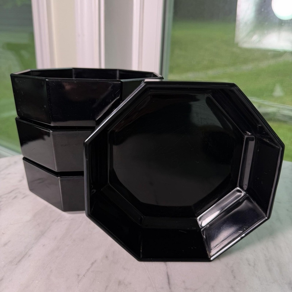 Vtg 80s Arcoroc France Octime Black Glass Octagon Soup Cereal Bowls Set of 4